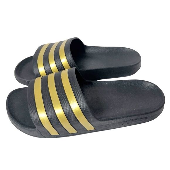 Adidas Mens Adilette Aqua Black Gold Casual Slide Sandals Size 8 - Picture 2 of 6
